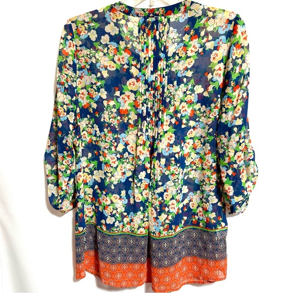 DANIEL RAINN FLORAL MIXED PRINT SEMI-SHEER PLEATED POP-OVER TUNIC BABYDOLL SzM - Picture 7 of 8